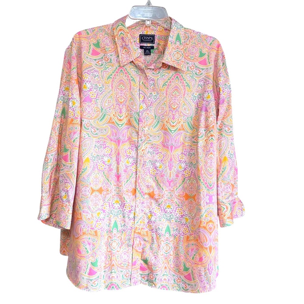 Chaps Classics No Iron Paisley Button Down Shirt Pink Orange Plus Size 3X